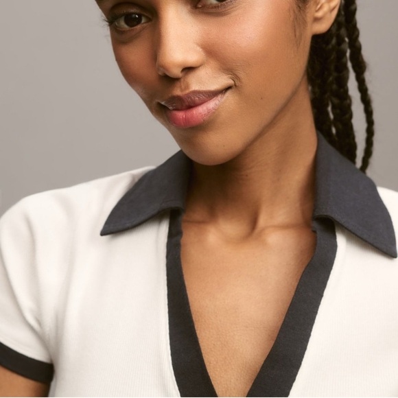 NWT Anthropologie Maeve Colorblock Ribbed Polo Shirt White Black Size M - Picture 3 of 11